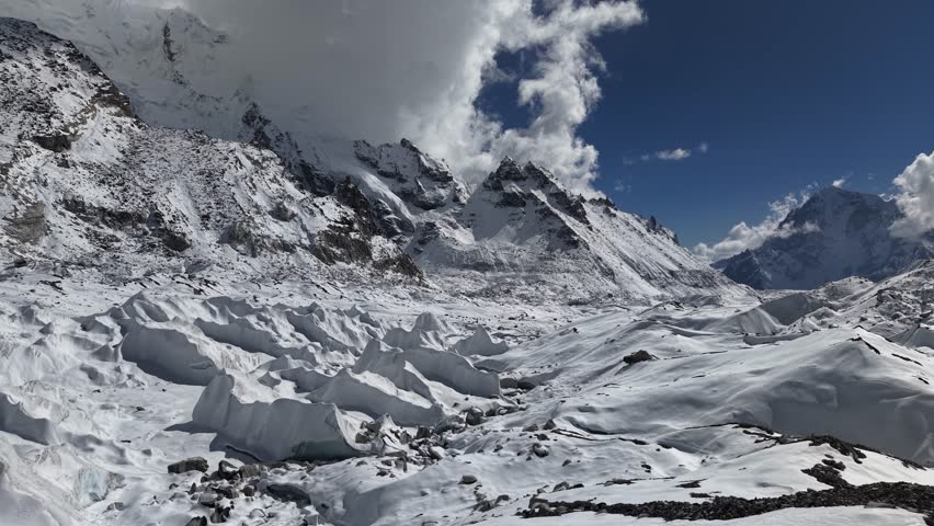 Aerial footage over Everest Base Camp in Himalaya mountains, Nepal