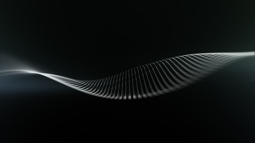 Black background of an isolated white wave. Cinematic glow and blue digital waves. Abstract wave of gradient particles flow smoothly with soft dark green light and bokeh. Technology wave 4K loop.