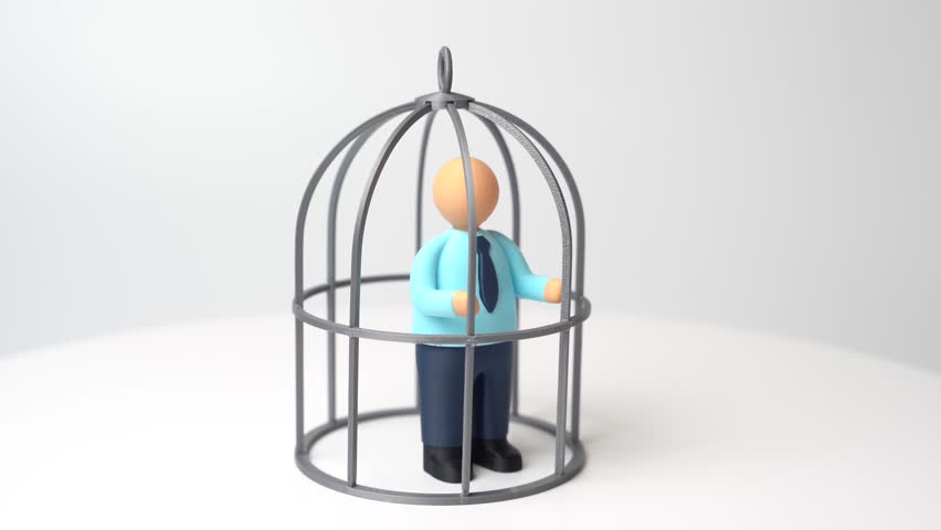 Office worker in a cage. Contractual obligations. NDA agreement. Restrictions and self-isolation from opportunities for growth and development. Limited freedom, and workplace pressure. Employment law