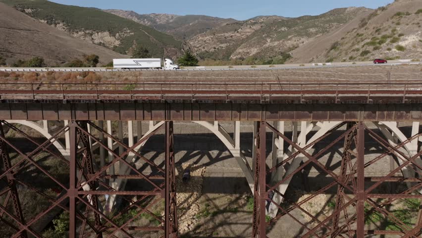 Gaviota, California - Gaviota Bridge Aerial View on a Sunny Day With Train Tracks and Rest Area in Santa Barbara County, Next to the US Route 101 Freeway, Next to the Pacific Ocean and Solvang, CA