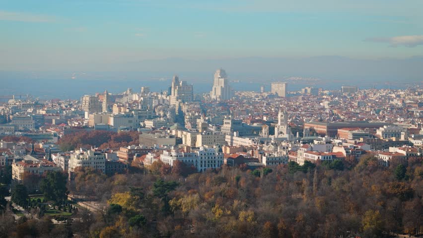 Scenic Madrid Skyline in Spain. The Royal Palace of Madrid and the Royal Basilica of Saint Francis the Great, two masterpieces, High quality 4k footage