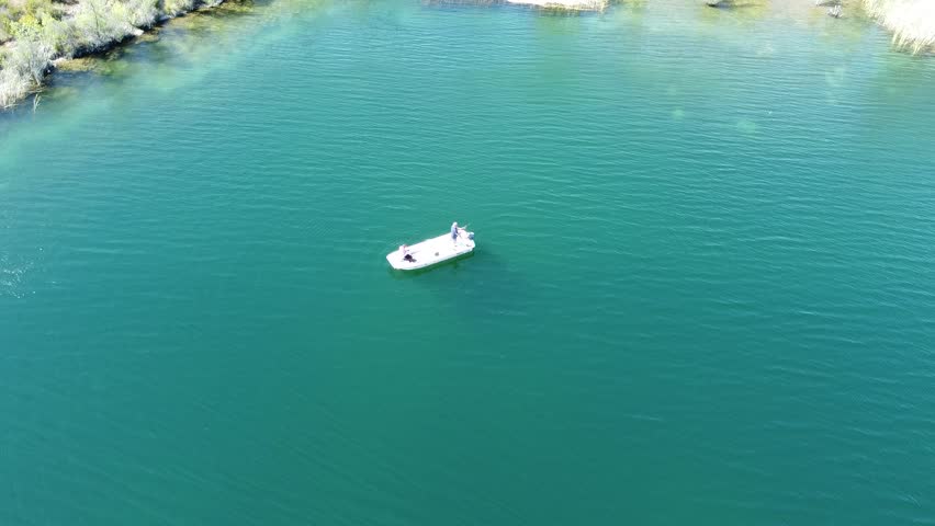 Drone Over Lake Jennings — Scenic Fishing Boat and Mountain Landscape, California, USA, Family Fishing Trip in the California Mountains