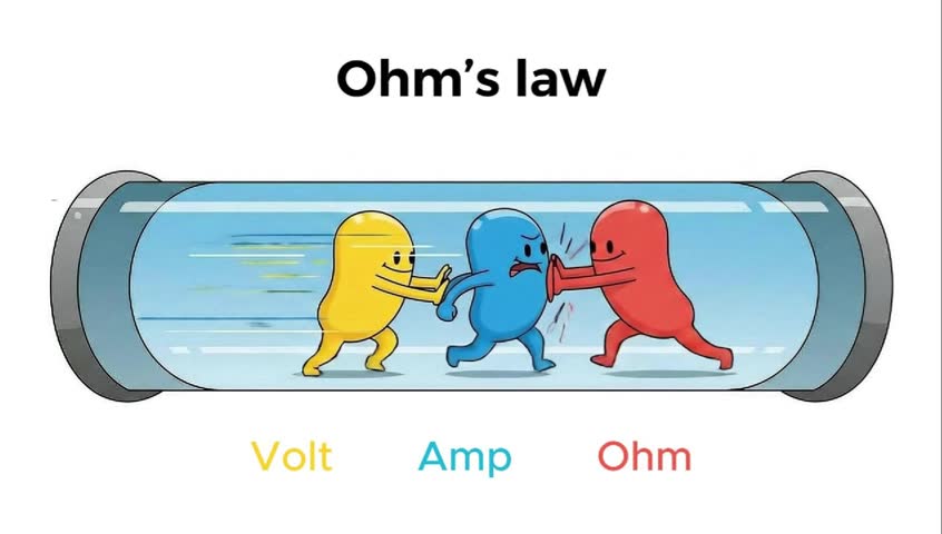 Educational 2D animation showing Ohm’s Law as characters in motion. Volt pushes Amp forward while Ohm resists and moves backward, illustrating the relationship between voltage, current, and resistance