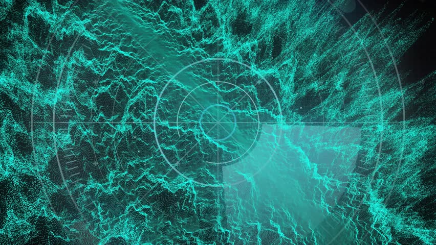 Teal particles rippling outward after center pulse, plume drifting inward to highlight radar grid. Abstract, generative, cyan, circles, glow, motion, digital