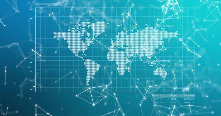Line graph tracing, spawning chat and globe links, phone collecting data, showing global links. Map, network, connectivity, dashboard, grid, visualization, analytics