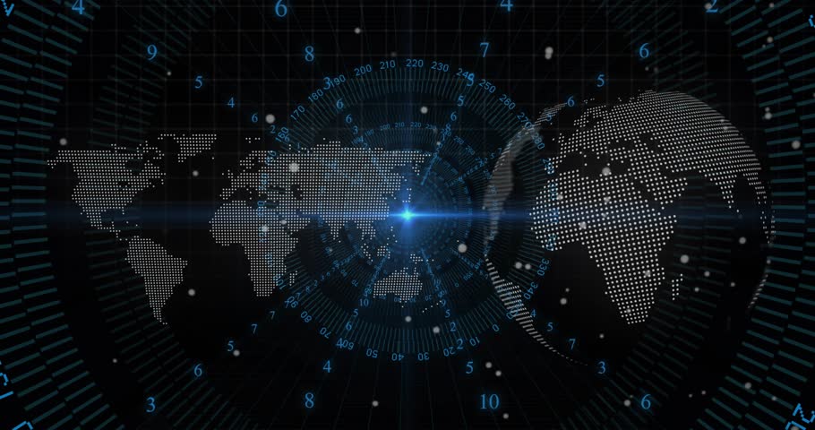 Blue point light appearing and starting radial numeric HUD and rotating ring, displaying world data. Futuristic, dashboard, visualization, globe, map, particles, grid