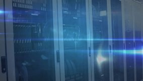 HUD appearing over rack doors, central user icon pulsing and linking nodes, visualizing network. Datacenter, cabinets, servers, overlay, endpoints, connections, hubs - Powered by Shutterstock - Get 15% off with code: PIKWIZARD15