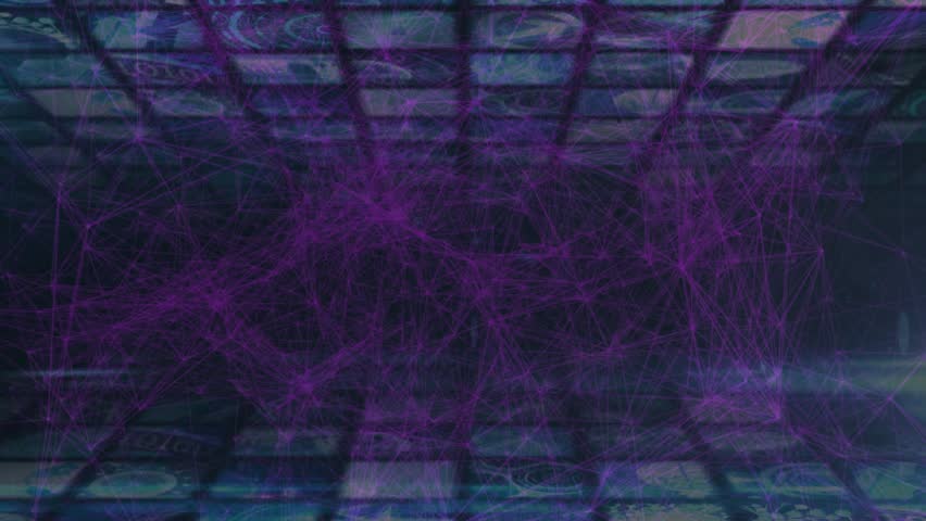 Pulse starting purple strands forming web, pulsing, stretching, fading, showing data in tiled grid. Neon, filament, network, nodes, glow, ambient, futuristic - Powered by Shutterstock - Get 15% off with code: PIKWIZARD15