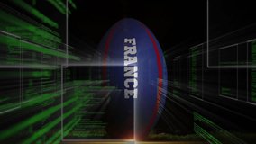 Green code streams rushing forward, starting FRANCE oval rotating, fading, forming tunnel to portal. Cyber, digital, futuristic, holographic, corridor, panels, interface - Powered by Shutterstock - Get 15% off with code: PIKWIZARD15