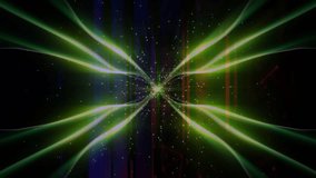 Central core pulsing, starting green ribbons waving and specks dispersing, visualizing symmetry. Abstract, nucleus, beam, glow, motion, neon, blue - Powered by Shutterstock - Get 15% off with code: PIKWIZARD15