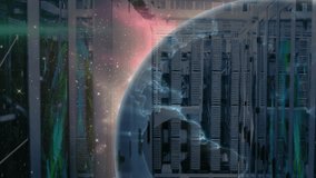 Globe entering from left, rotating, enlarging to center, revealing continents and visualizing data. Sphere, holographic, neon, datacenter, server, racks, network - Powered by Shutterstock - Get 15% off with code: PIKWIZARD15