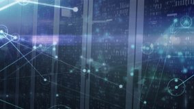 Server cabinets holding still while teal lines and nodes streaming on light sweep visualizing flow. Datacenter, rack, network, futuristic, neon, cyan, glow - Powered by Shutterstock - Get 15% off with code: PIKWIZARD15