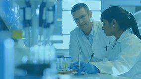 Lead gesturing, tech pipetting yellow sample into tube for assay, pink overlay drifting over hands. Collaboration, researchers, laboratory, bench, teamwork, mentorship, precision - Powered by Shutterstock - Get 15% off with code: PIKWIZARD15