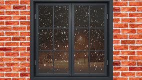 Open window reveals winter landscape background with snow fall and an illuminated building under a night sky. - Powered by Shutterstock - Get 15% off with code: PIKWIZARD15