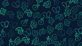 Dynamic Seamlessly Looping Dark Background Featuring a Neon Green Doodle Pattern of Essential Financial and Social Icons, Including Money Bags, Insurance Umbrellas, Donation Hands, and Charity Hearts - Powered by Shutterstock - Get 15% off with code: PIKWIZARD15