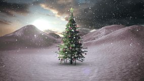 Bright glow starting triangles sweeping over trimmed tree clustering then clearing showing baubles. Evergreen, valley, snowfall, landscape, backlit, serenity, ornaments - Powered by Shutterstock - Get 15% off with code: PIKWIZARD15