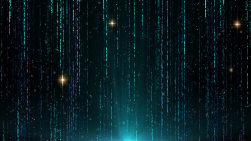 Base glow rising, teal rain descending, gold sparks twinkling, specks drifting for ambient mood. Streams, promo, motion, graphics, digital, futuristic, stars