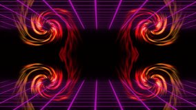 Magenta grid pulsing, causing four fiery swirls rotating and sliding, framing central void. Vortex, neon, purple, symmetry, lattice, retrofuturism, synthwave - Powered by Shutterstock - Get 15% off with code: PIKWIZARD15