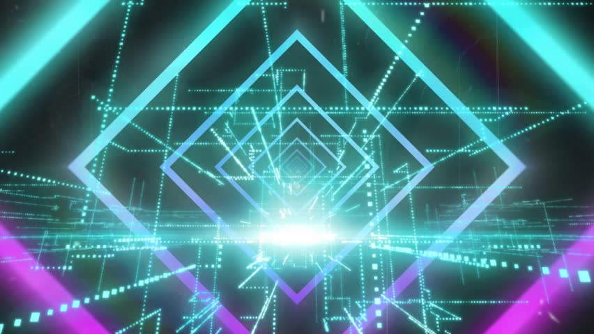 Flare intensifying, glowing diamond frames pulsing, pixels moving inward, forming neon tunnel. Concentric, geometric, depth, gridlines, cyan, magenta, futuristic
