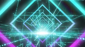 Flare intensifying, glowing diamond frames pulsing, pixels moving inward, forming neon tunnel. Concentric, geometric, depth, gridlines, cyan, magenta, futuristic - Powered by Shutterstock - Get 15% off with code: PIKWIZARD15