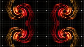 Four red-orange vortices rotating on spark, emitting trails and drawing inward to reveal center. Spirals, abstract, neon, glow, symmetry, grid, ribbons - Powered by Shutterstock - Get 15% off with code: PIKWIZARD15
