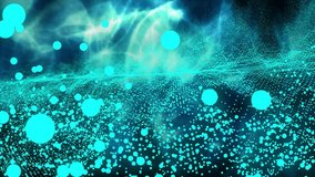 Aurora brightening causing teal particle field undulating and bokeh rising, showing cloud link. Dots, neon, glow, wave, grid, fluid, cosmos - Powered by Shutterstock - Get 15% off with code: PIKWIZARD15