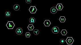 Green-cyan icons in white frames orbiting, clustering as central swirl tightening, showing data. Abstract, motion, infographic, dashboard, glyphs, symbols, neon - Powered by Shutterstock - Get 15% off with code: PIKWIZARD15