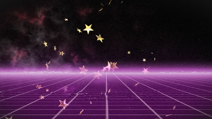 Horizon pulsing, stars popping, falling, crossing neon grid, spreading, fading, adding synth vibe. Retro, vaporwave, futuristic, parallax, plane, particles, nebula