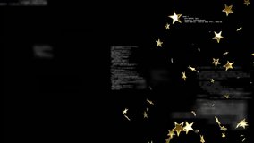 Particle emitter emitting gold stars from right, moving left rotating then dispersing showing code. Specks, glow, motion, rotation, backdrop, abstract, interface - Powered by Shutterstock - Get 15% off with code: PIKWIZARD15