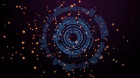 Central hub rotating, unwrapping blue rings into tunnel, star particles rising, visualizing depth. Concentric, circles, hud, futuristic, gradient, space, dimensional - Powered by Shutterstock - Get 15% off with code: PIKWIZARD15