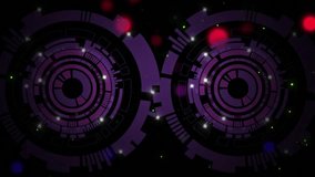 Edge streams sparking pair purple gearlike discs pulsing, tracing colorful ribbons showing energy. Abstract, kinetic, dual, circular, neon, space, geometry - Powered by Shutterstock - Get 15% off with code: PIKWIZARD15