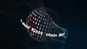 Block chain ribbon starting rotating binary data globe, showing red digits, cyan flow showing data. Sphere, cyberspace, futuristic, holographic, grid, animated, abstract - Powered by Shutterstock - Get 15% off with code: PIKWIZARD15