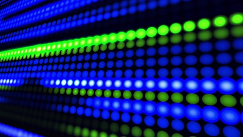 Globe appearing right, rotating and centering while LED dots scrolling, creating looping broadcast. Planet, 3d, rotate, parallax, matrix, neon, digital