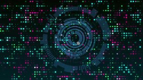 Centered blue HUD pulsing, starting rings splitting right over pixel grid, reforming showing data. Concentric, circular, interface, holographic, gears, tunnel, dots - Powered by Shutterstock - Get 15% off with code: PIKWIZARD15