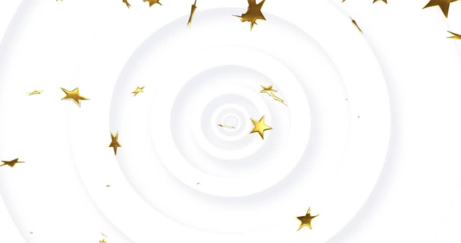 Frame one starting gold stars and confetti drifting rotating crossing radial rings, celebrating. Particles, celebration, motion, animation, geometric, digital, loop