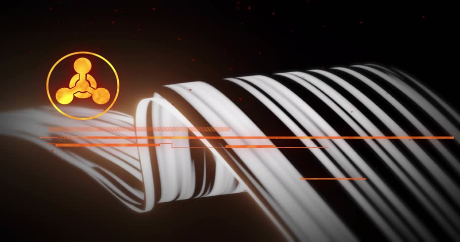 Alert graphic forming over dark backdrop, ribbon sweep sparking logo and headline for urgent action. Hud, emblem, orange, motiongraphics, titlesequence, futuristic, broadcast