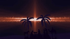 Golden sparkle band pulsing, radiating beams, drawing silhouette group to manger, showing reverence. Nativity, desert, night, infant, camel, donkey, shepherds - Powered by Shutterstock - Get 15% off with code: PIKWIZARD15