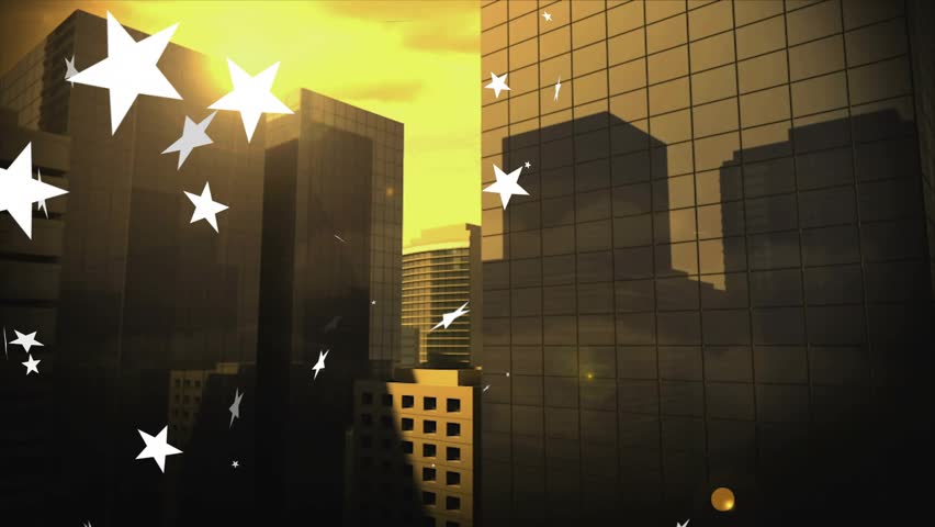 Lens flare causing white stars drifting across city skyline, highlighting glass facade and sunlight. Skyscraper, urban, aerial, goldenhour, parallax, sparkles, reflection