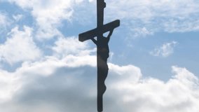 Crucifix silhouette staying centered while clouds drifting and shifting light, highlighting form. Cross, poster, backlit, monochrome, minimalist, dramatic, skyward - Powered by Shutterstock - Get 15% off with code: PIKWIZARD15