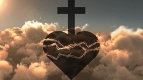 Low sun sending glare, glint traveling across barbed wire on black heart with cross, showing gold. Silhouette, symbol, cloudscape, volumetric, amber, glow, flare - Powered by Shutterstock - Get 15% off with code: PIKWIZARD15
