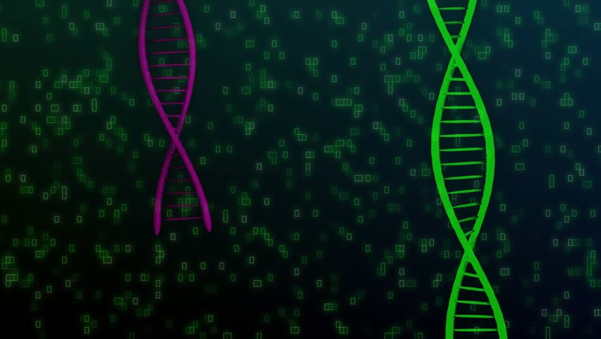 On start green, magenta helices shifting while hex grid forming and pixels cascading, showing data. Molecule, abstract, visualization, digital, motion, parallax, matrix