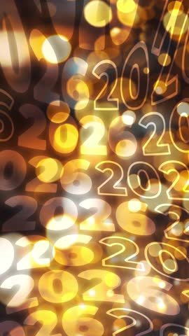 Vertical 4K video. Wave text 2026 on gold bokeh lights background. Loop animation. Screensaver for social media with outline, fill bold font. Concept of Christmas celebrations, Happy New Year event