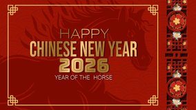 4K looping animation for Chinese New Year 2026 featuring a gold-lettered greeting, red wave patterns, floral side panels, and subtle horse silhouette. Perfect for greetings, promos, and event screens. - Powered by Shutterstock - Get 15% off with code: PIKWIZARD15