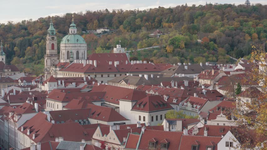 Panoramic View of Malá Strana Red Rooftops with Prague Skyline and St. Nicholas Church