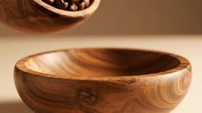Coffee beans pouring into wooden bowl. Dynamic brewing ingredient filling container. Fresh beverage preparation cinematic clip. - Powered by Shutterstock - Get 15% off with code: PIKWIZARD15