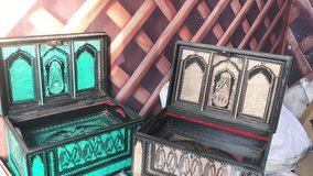 ​Intricate Carved Wooden Chests and Boxes with Traditional Metalwork at a Handicraft Stall - Powered by Shutterstock - Get 15% off with code: PIKWIZARD15