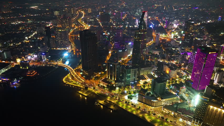 Aeiral view of Ho chi minh city or Saigon city at night in Vietnam.
