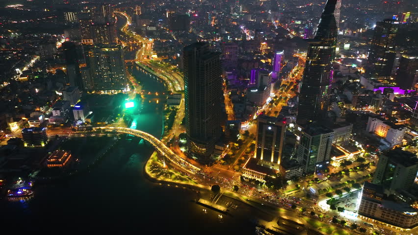 Aeiral view of Ho chi minh city or Saigon city at night in Vietnam.