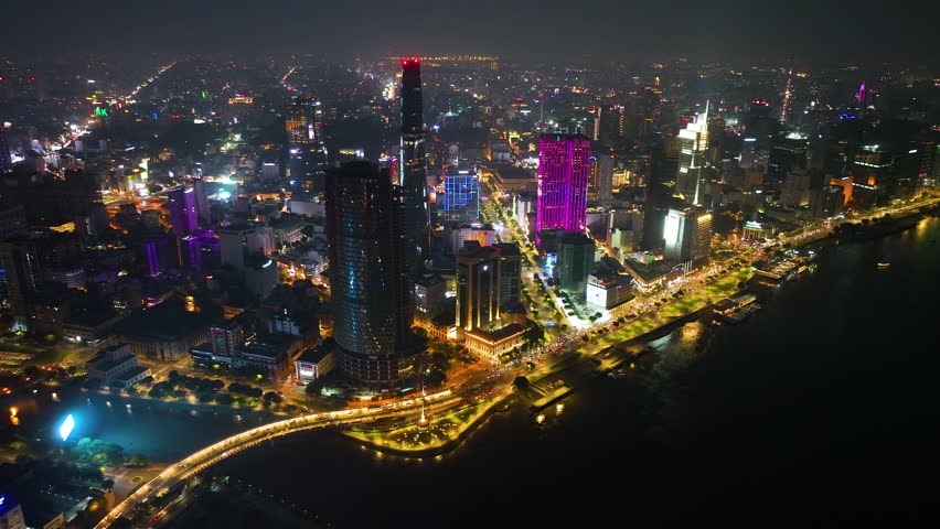Aeiral view of Ho chi minh city or Saigon city at night in Vietnam.
