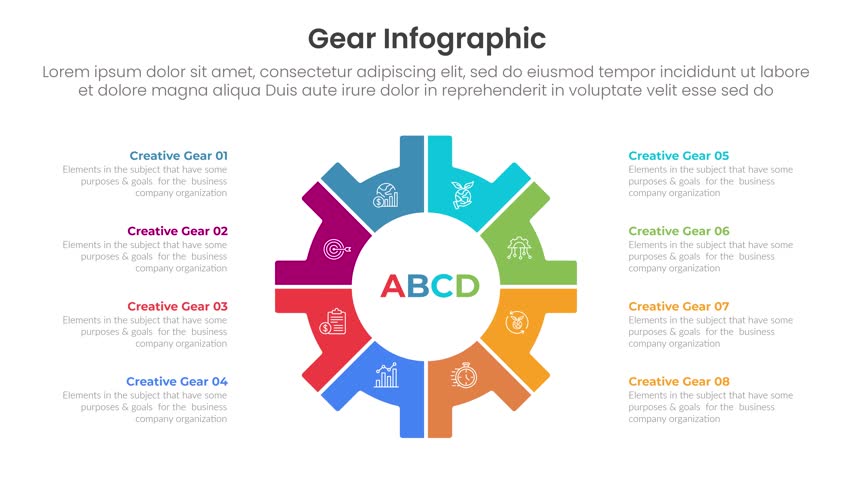 Gear shape infographic 8 point stage template with spinning gear center with stacked list description video animation